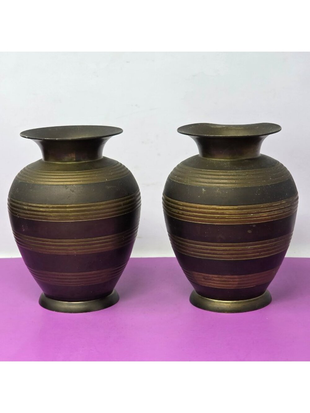 Vintage Brass Decorative Vases Set Of 2 Etched Horizontal Stripes And Flared Rim